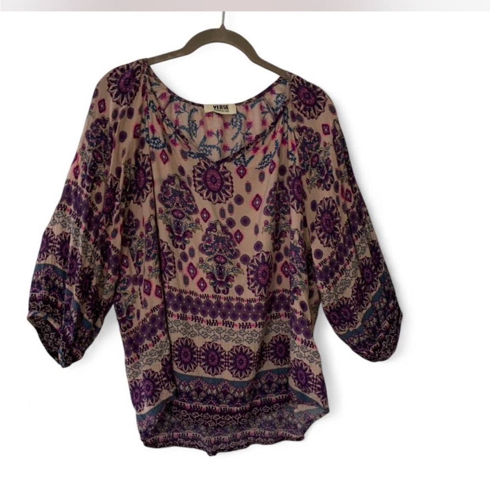 Boho Hippie Festival Summer Verse Purple Patterned Peasant Blouse